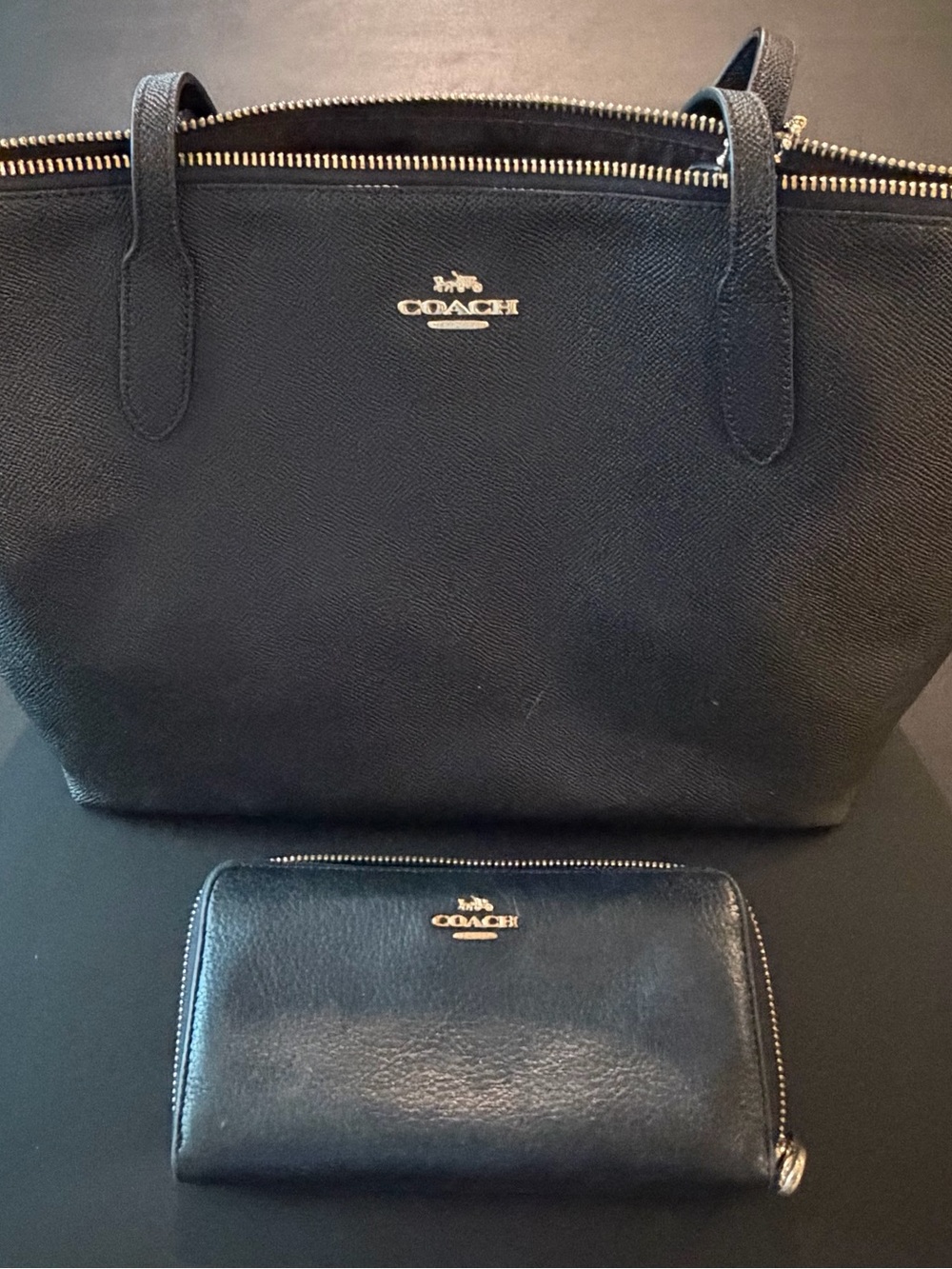 Coach Black Leather Tote with Matching Black Zip Wallet